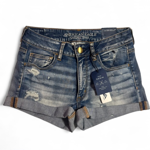 American Eagle Outfitters - Distressed Blue Hi-Rise Super Stretch Shortie - Picture 1 of 3